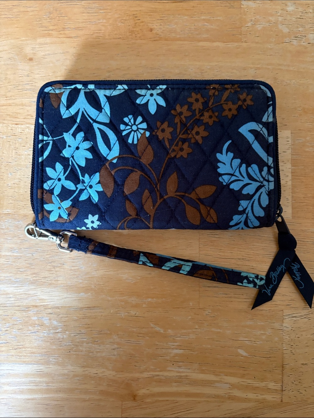 Vera Bradley Navy Floral Quilted Wristlet with Light Blue & Brown Accents